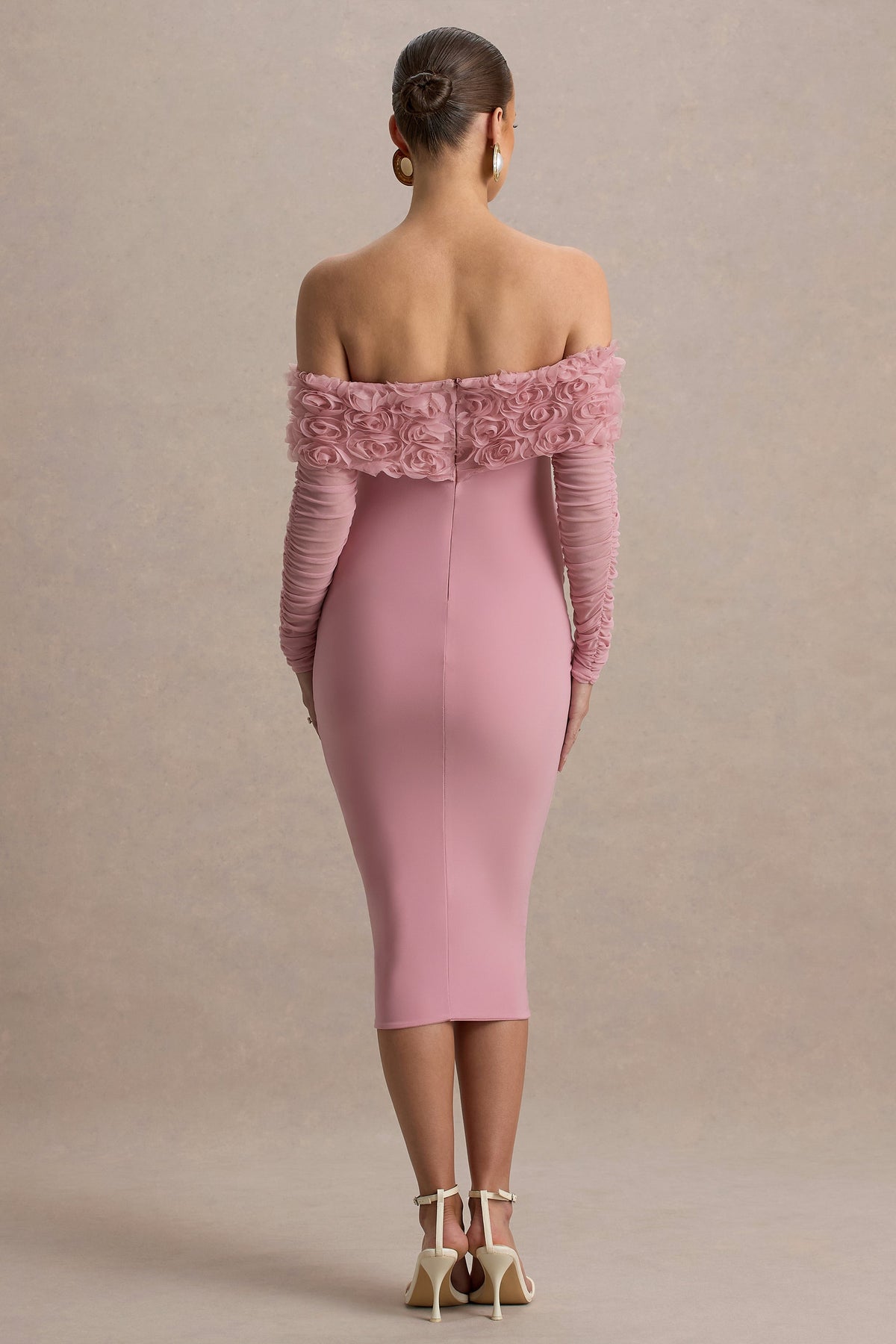 Adita | Blush Pink Mesh Floral Bardot Maternity Midi Dress