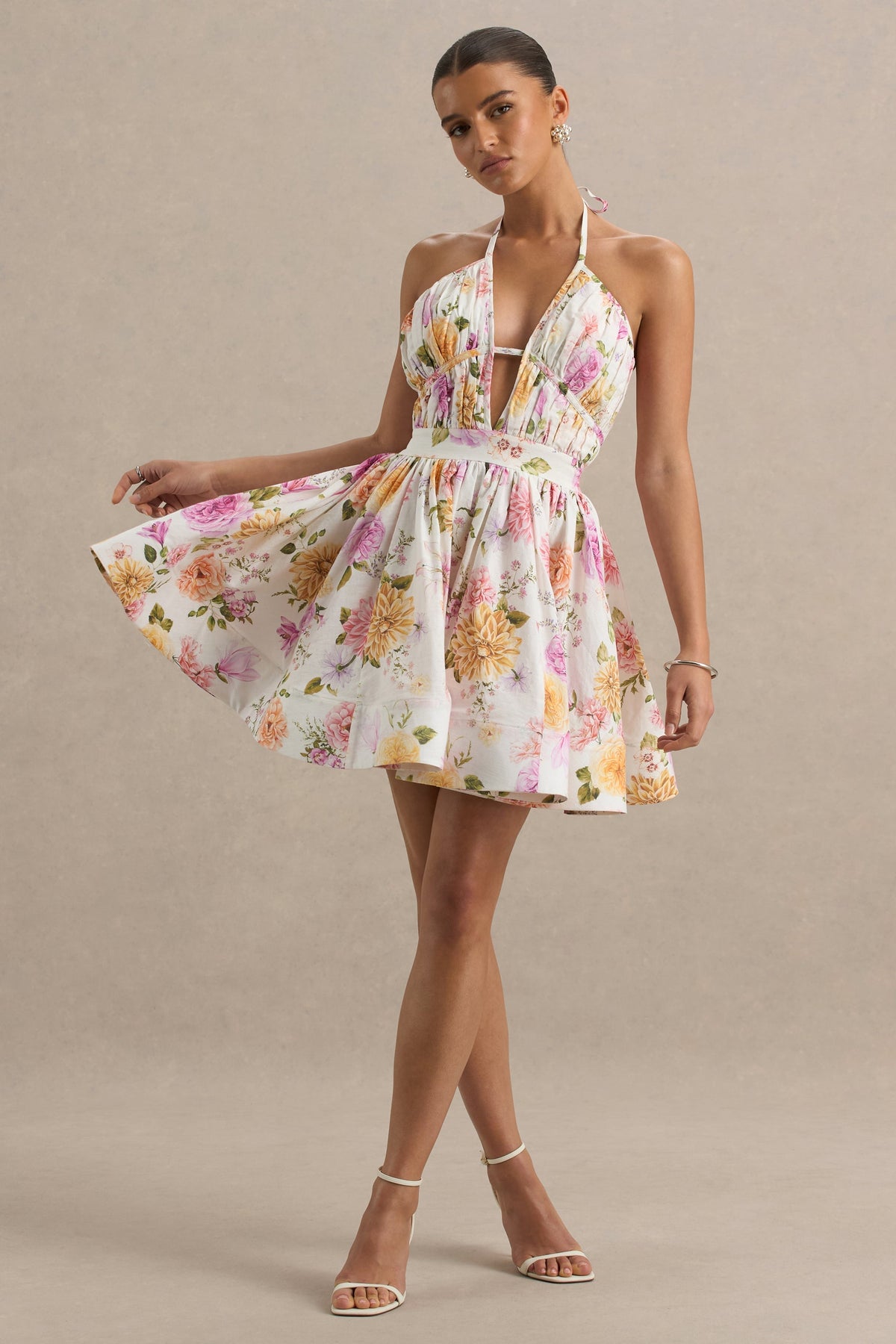 Kasey | Cream Floral Print Halter-Neck Mini Dress With Ruffle Detail