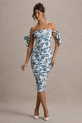 Citrus | Blue Porcelain Print Bardot Bodycon Midi Dress With Bow Sleeves