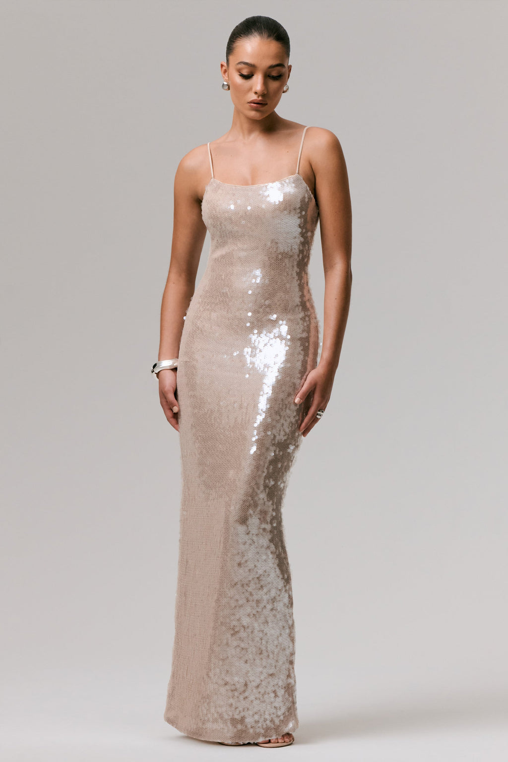Vermont | Nude Sequin Square-Neck Maxi Dress