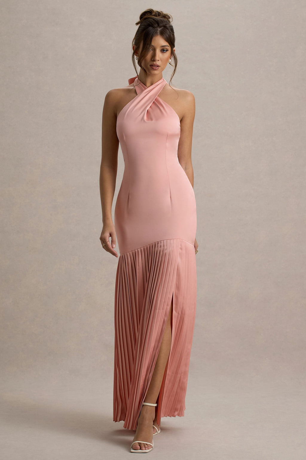 Sansa | Light Pink Satin Cross Halter-Neck Plisse Maxi Dress