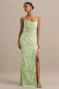 Maddie | Light Green Floral Print Satin Cowl-Neck Maxi Dress