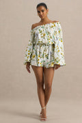 Waterfall | Lemon Floral Print Asymmetric Long-Sleeve Playsuit