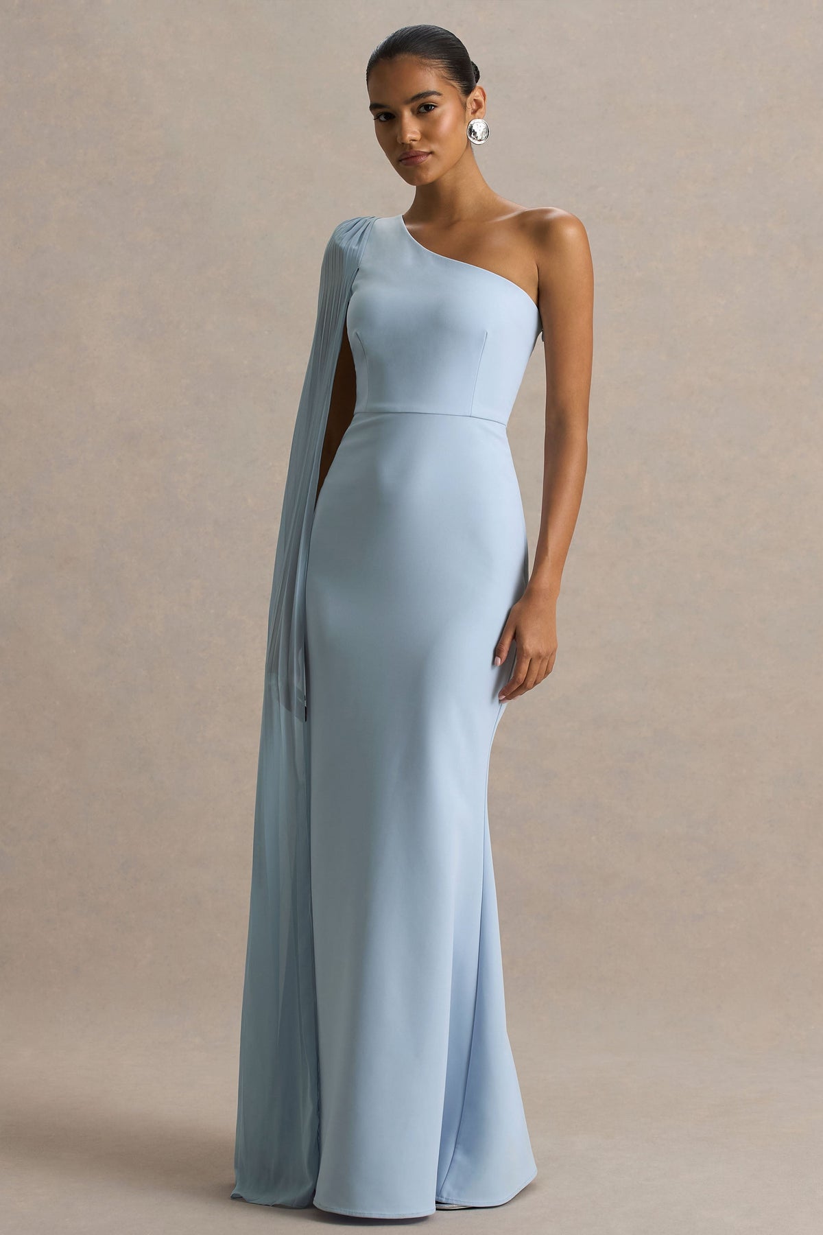 Athens | Powder Blue Asymmetric-Neck Maxi Dress With Cape Sleeve Detail