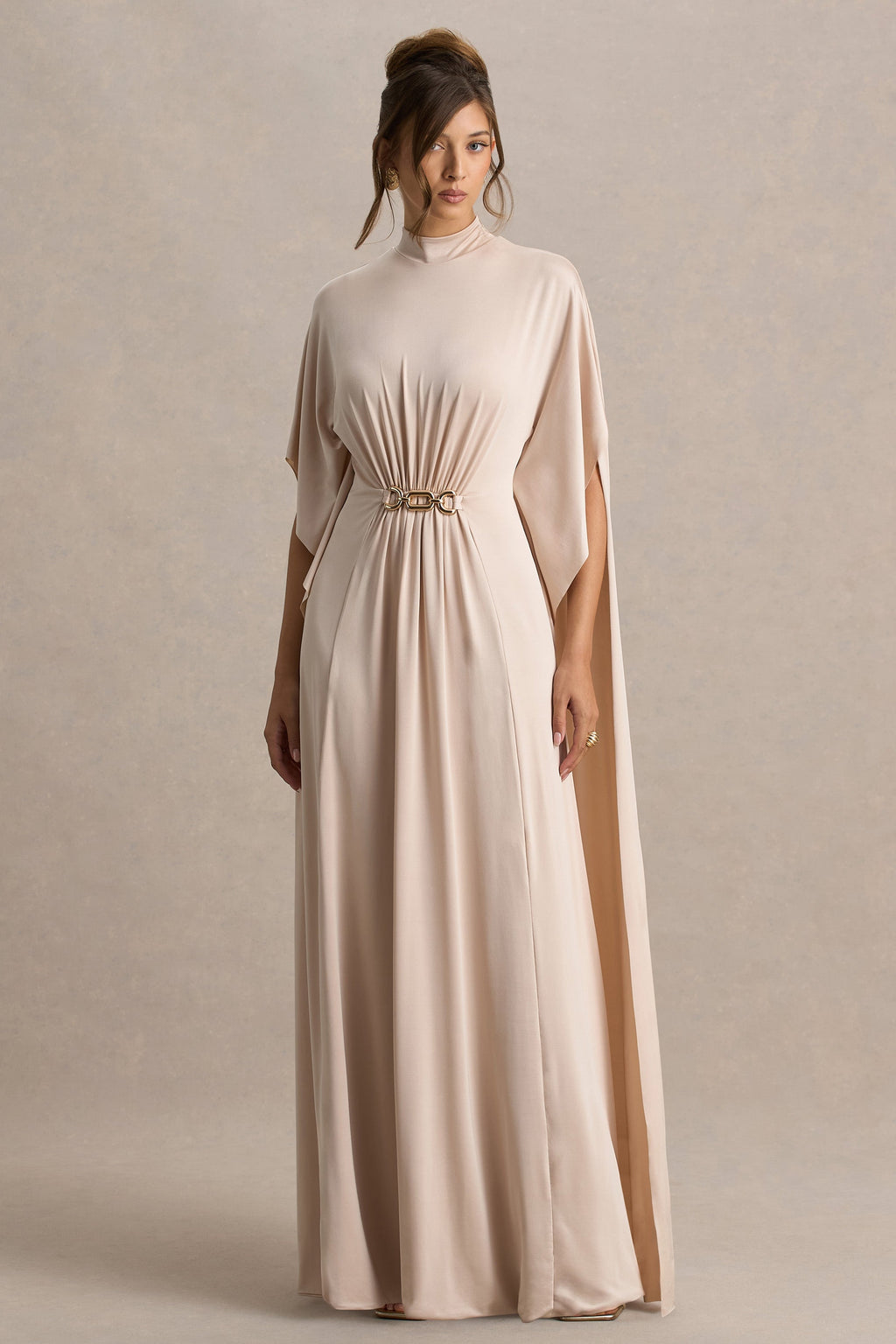 Olessia | Champagne Belted Gathered Cape-Sleeve Maxi Dress