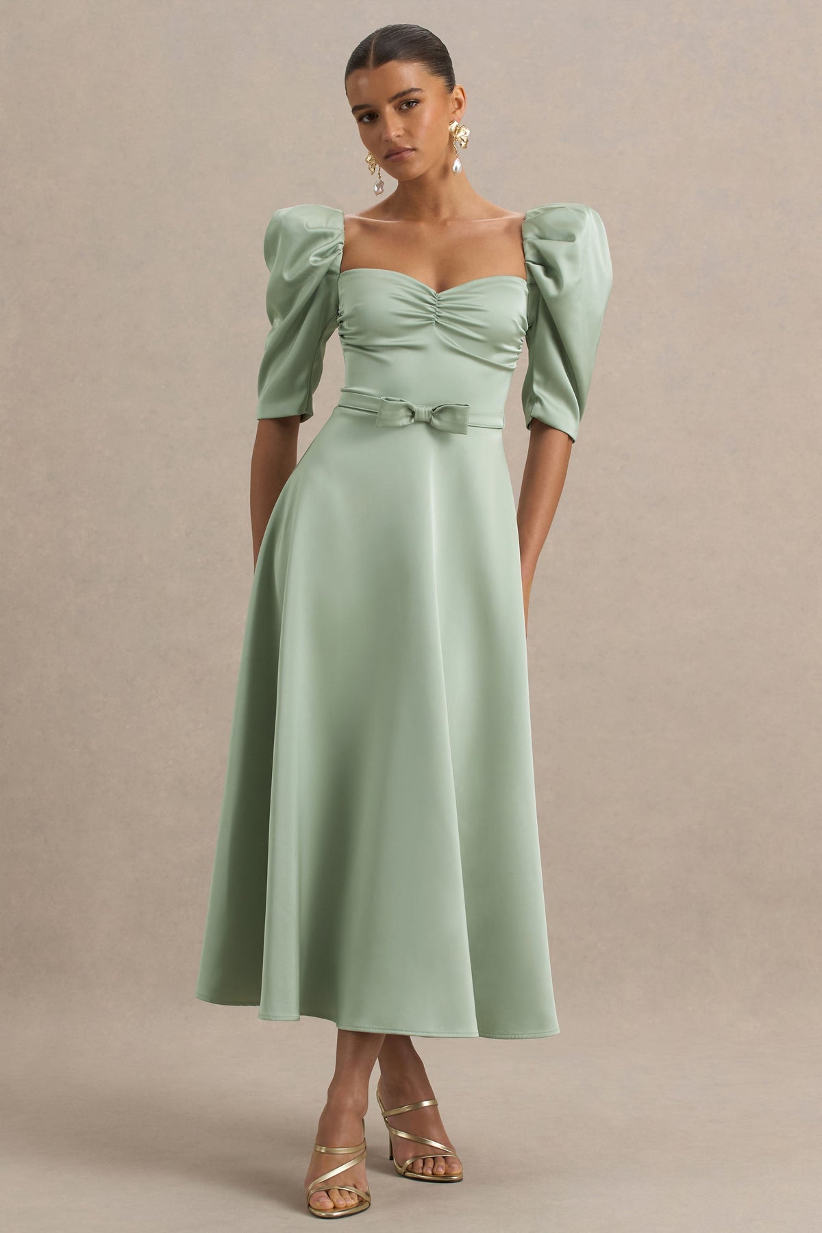 Rosey | Green Satin Sweetheart Midi Dress
