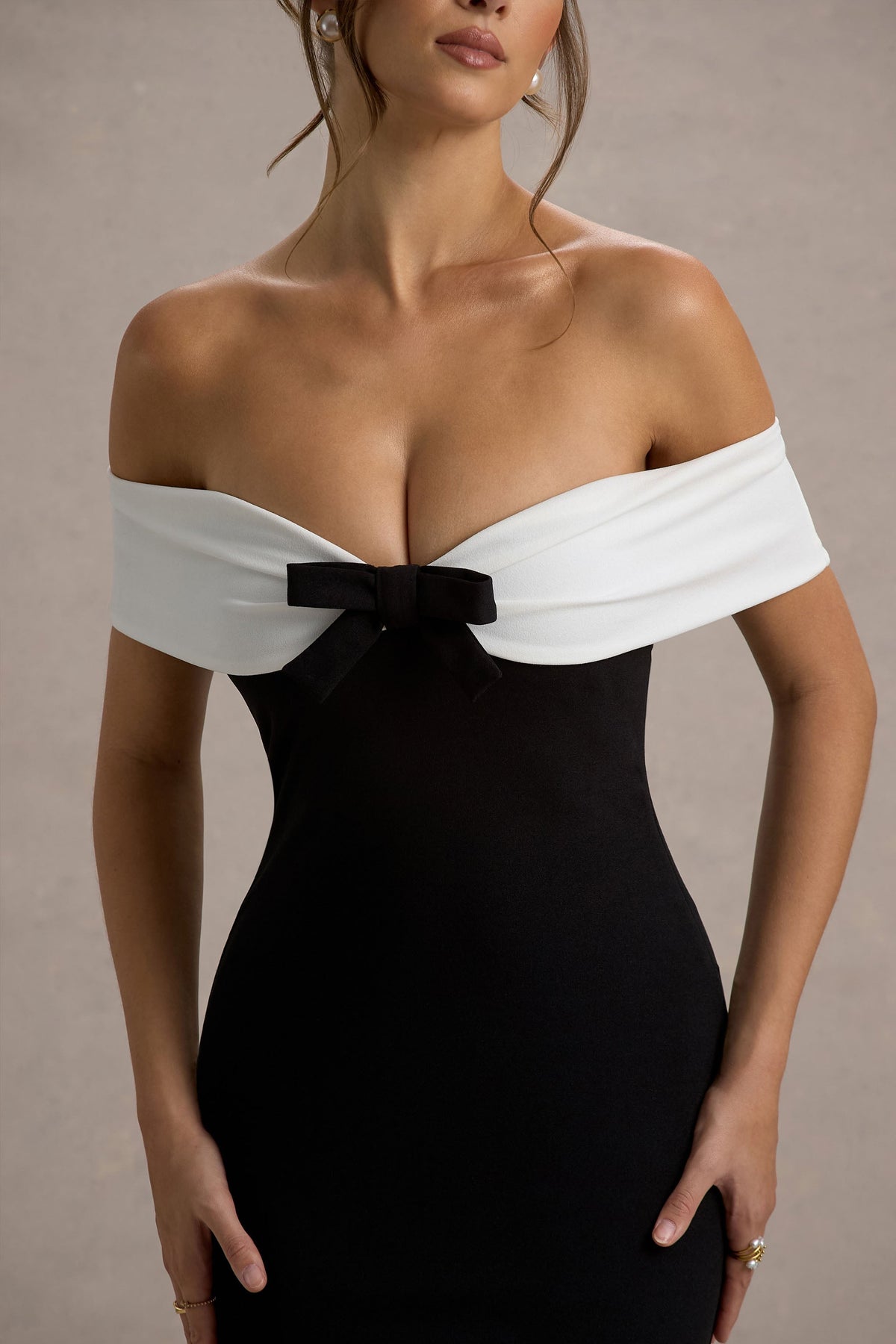 Corola | Black & White Bardot Volume-Hem Midi Dress