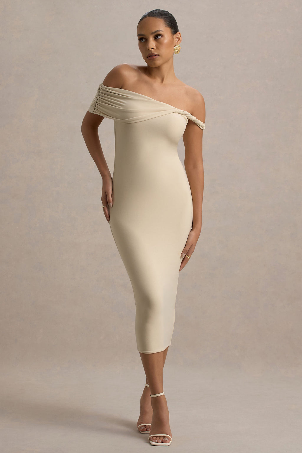 Skye | Sand Twisted Bardot Midi Dress