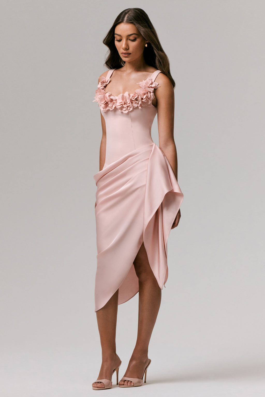 Letitia | Pale Pink Square-Neck Floral Detailed Wrap Midi Dress
