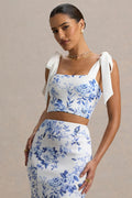 Phoebe | Blue Porcelain Print Crop Top With Tie Straps Tie