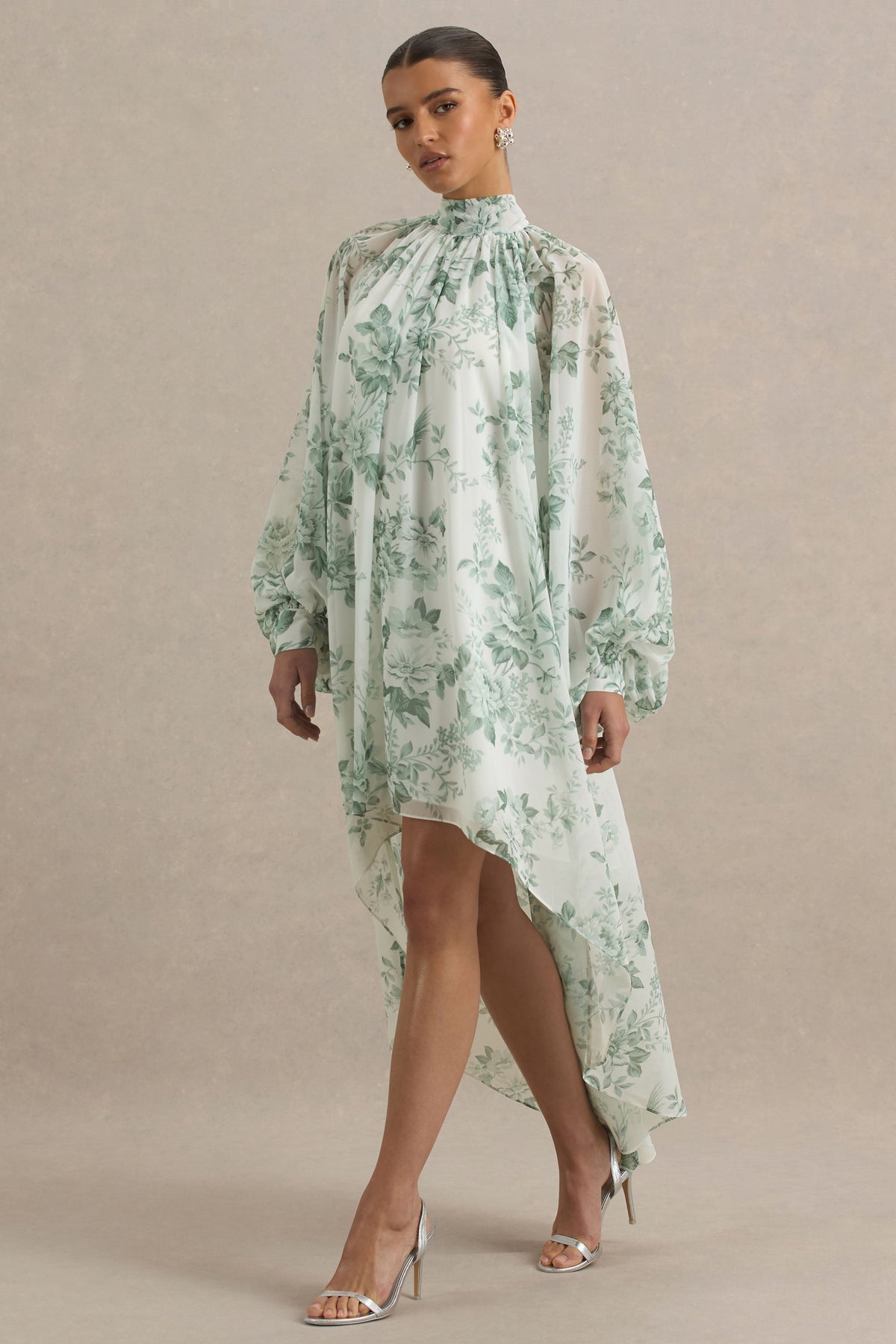Delphia | Green Floral Print High-Neck Maxi Dress