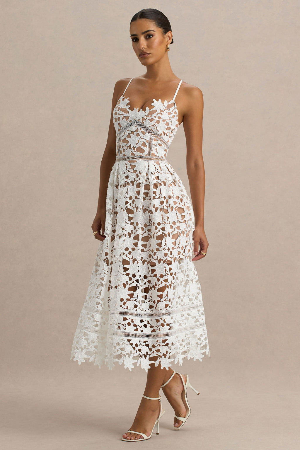 Zuri | White Lace Sweetheart Midi Dress With Cami Straps
