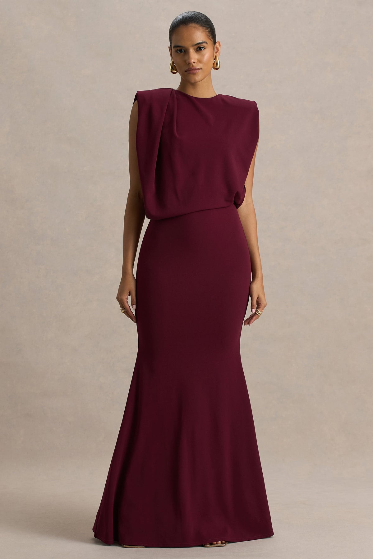 Meave | Burgundy Boat-Neck Maxi Dress With Draped Detail