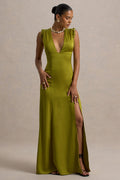 Ysabella | Olive Satin Plunge-Neck Split Maxi Dress