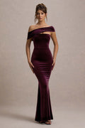 Candela | Port Velvet Asymmetric Bardot Maxi Dress