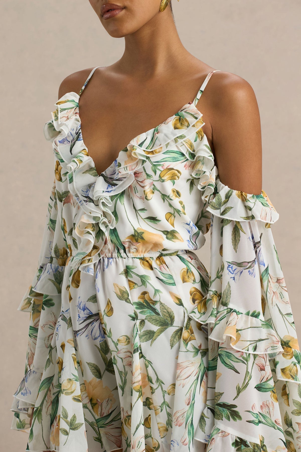 Anaya | Lemon Floral Print Chiffon Playsuit With Long Sleeves