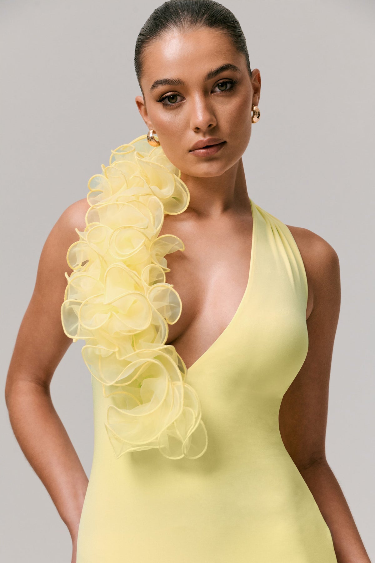 Harriet | Lemon Plunge-Neck Maxi Dress With Floral Detail