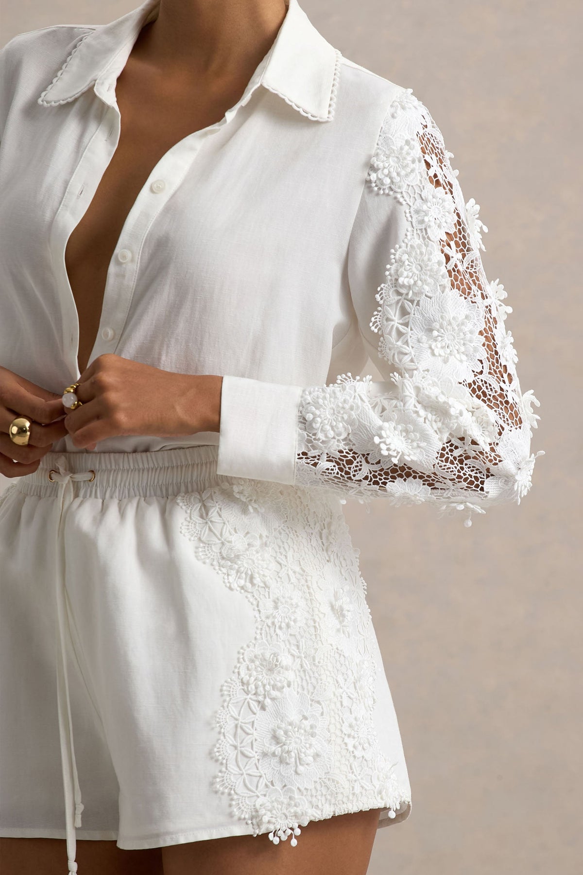 Coconut | Ecru Button-Up Shirt With Lace Detail