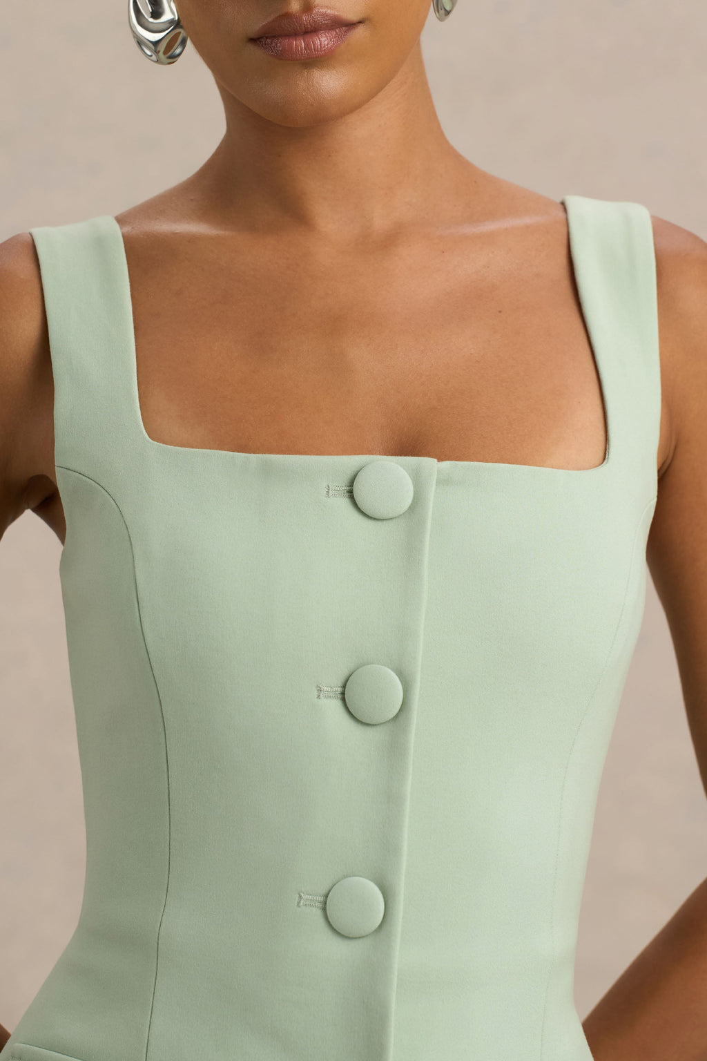 Aceline | Light Green Square-Neck Tailored Jumpsuit