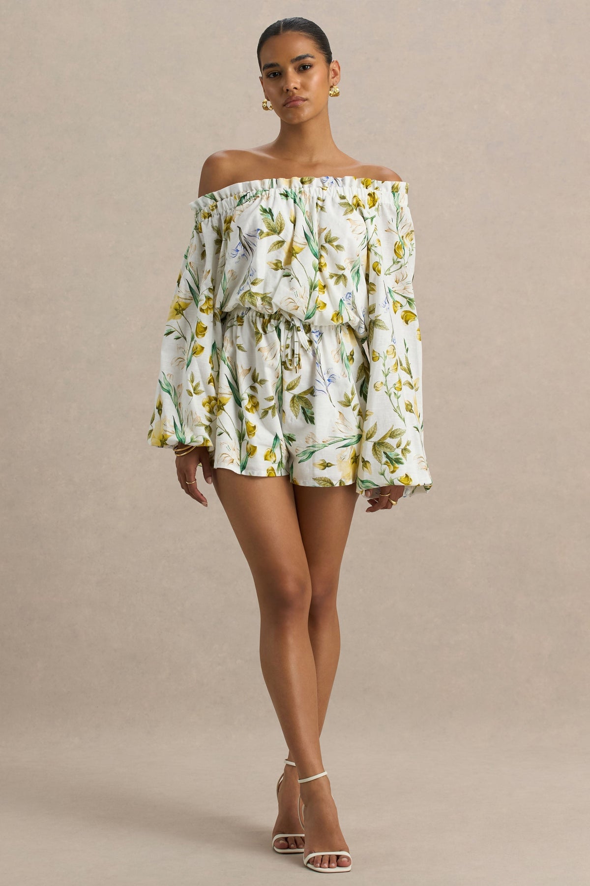Waterfall | Lemon Floral Print Asymmetric Long-Sleeve Playsuit