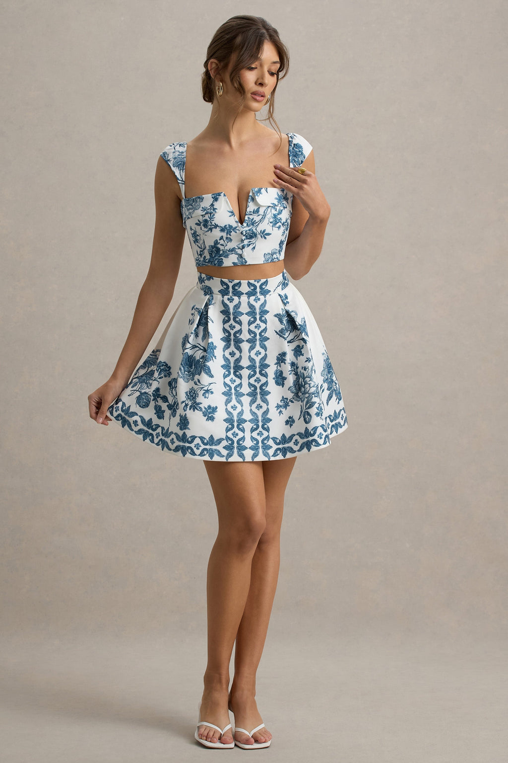 Modella | Blue Porcelain Print Skater Mini Skirt
