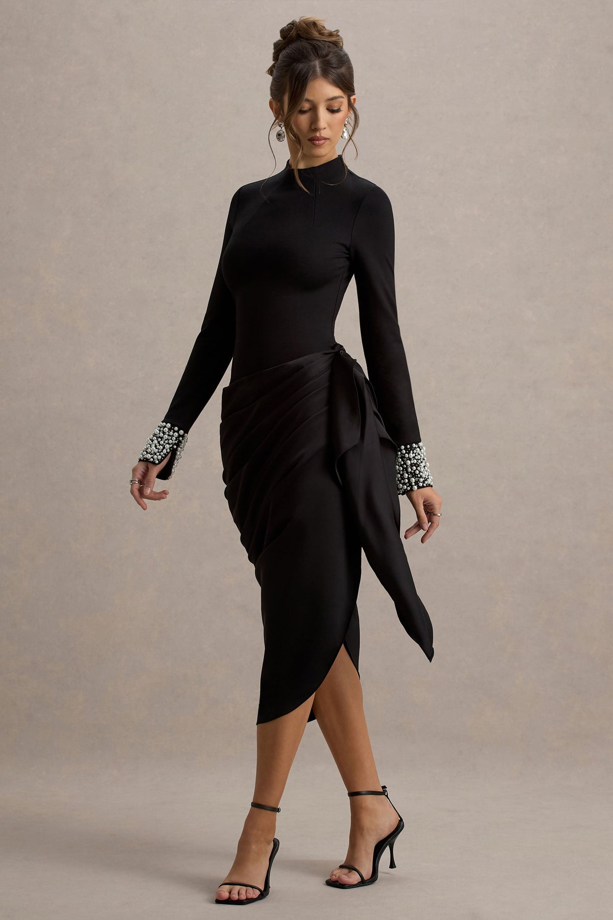 Luanna | Black Satin Long-Sleeve Midi Dress With Draped Skirt And Embellised Cuffs