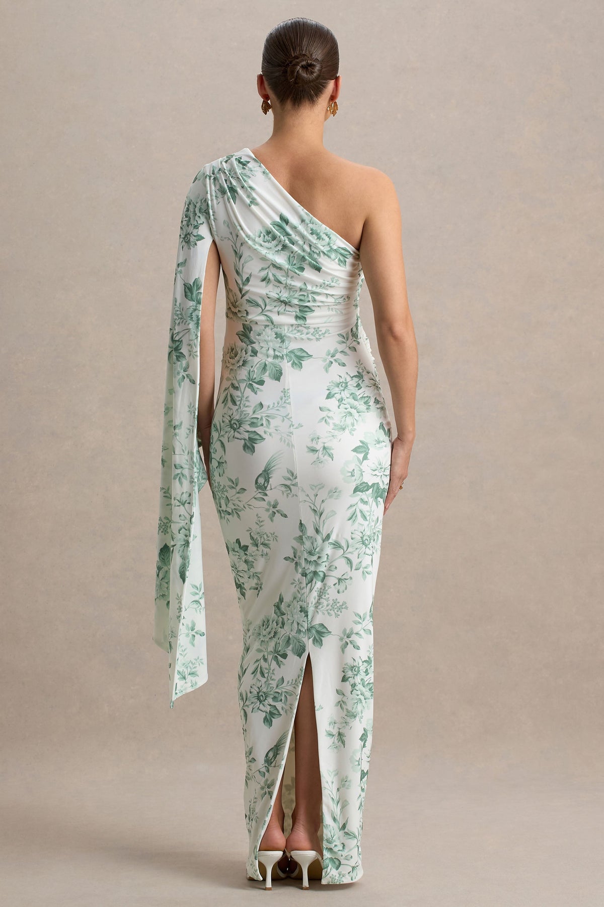 Aliana | Green Porcelain Print Asymmetric Maternity Maxi Dress With Ruched Detailing