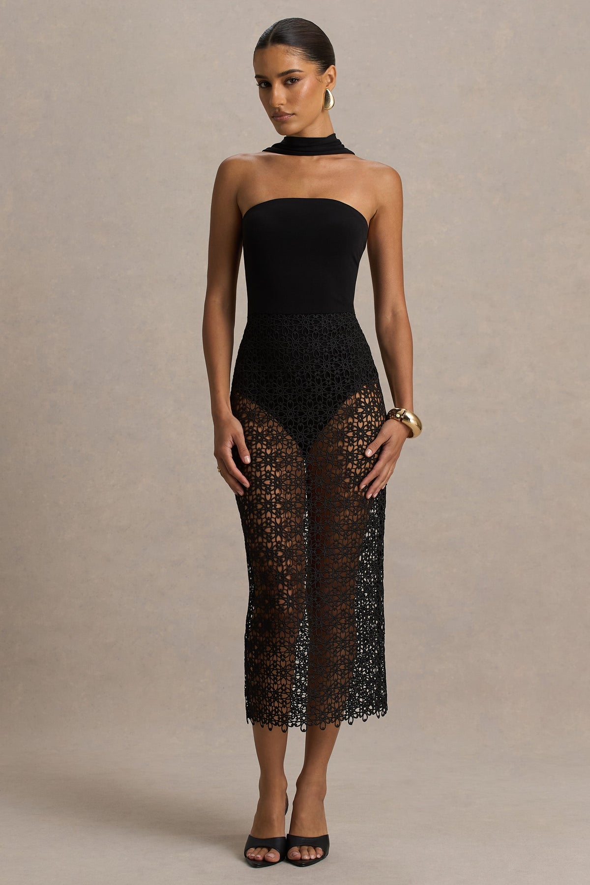 Tamala | Black High-Neck Midi Dress With Lace Skirt