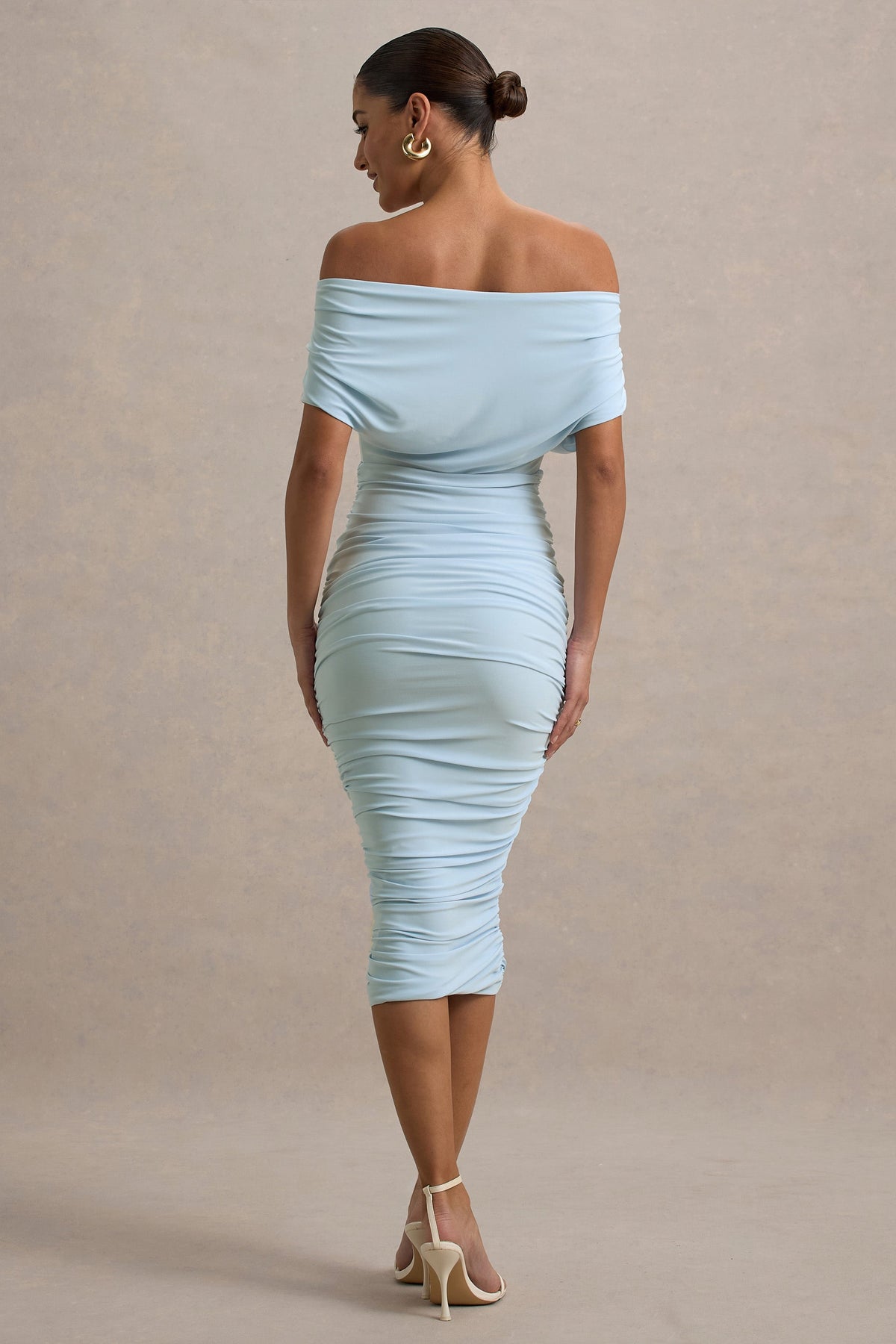 Rayleigh | Powder Blue Bardot Ruched Midi Dress