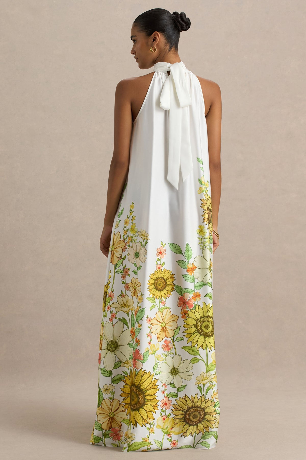 Glide | Sunflower Print Satin High-Neck Slip Maxi Dress